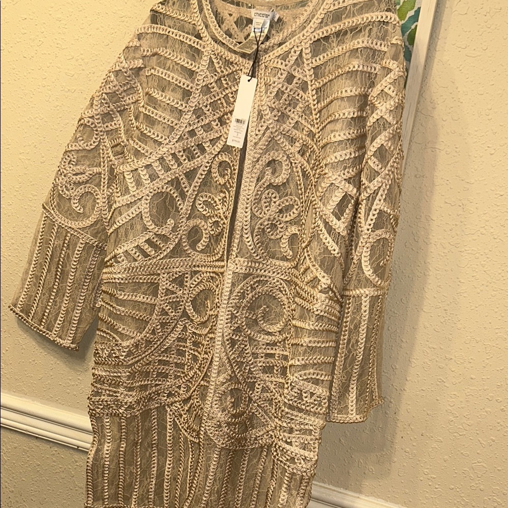 Chico's Tan Lace Open-Front Cardigan